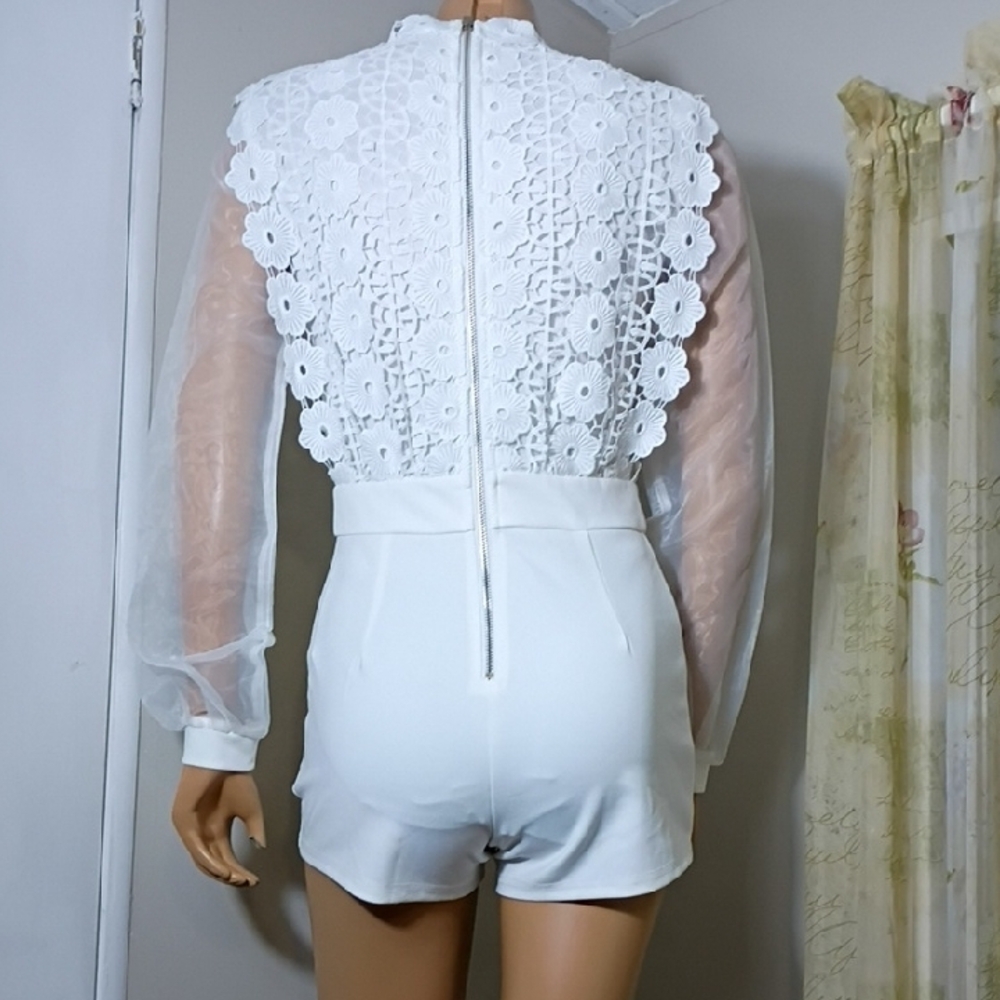Kaylee  Collection White Lace Bodysuit with Sheer Sleeves‎ - Picture 5 of 8